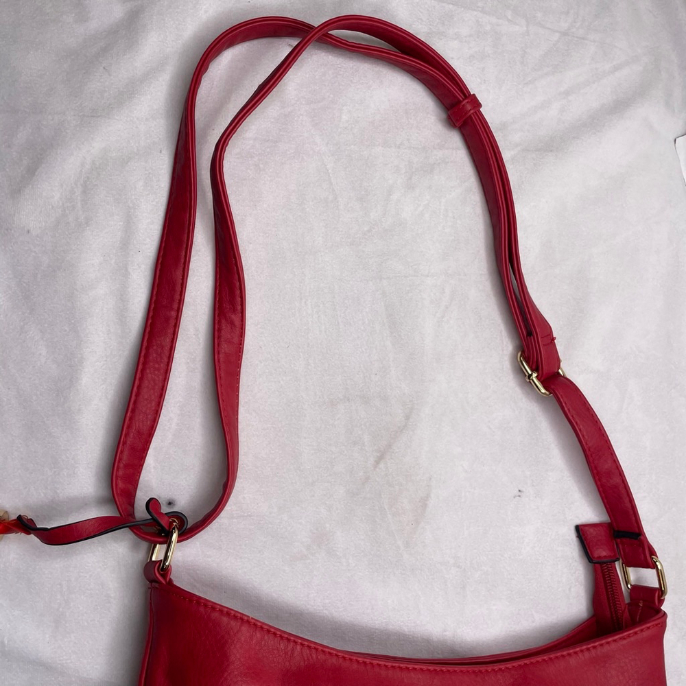 Red Vegan Leather Hobo Bag Gold Tassel Buckle Slouchy Bag Pop of Red Aesthetic - Picture 7 of 15